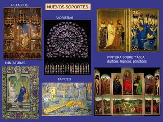 RETABLOS
              NUEVOS SOPORTES

                 VIDRIERAS




                                PINTURA SOBRE TABLA:
MINIATURAS                      dípticos, trípticos, polípticos




                 TAPICES
 