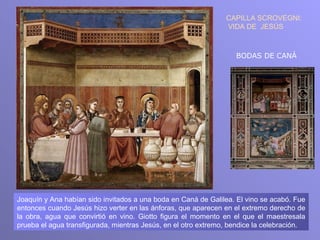 CAPILLA SCROVEGNI:
                                                                VIDA DE JESÚS



                                                                   BODAS DE CANÁ




Joaquín y Ana habían sido invitados a una boda en Caná de Galilea. El vino se acabó. Fue
entonces cuando Jesús hizo verter en las ánforas, que aparecen en el extremo derecho de
la obra, agua que convirtió en vino. Giotto figura el momento en el que el maestresala
prueba el agua transfigurada, mientras Jesús, en el otro extremo, bendice la celebración.
 