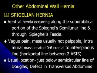 Other Abdominal Wall Hernia    SPIGELIAN HERNIA    Ventral  hernia occurring  along the subumbilical  portion of the Spieghel’s Semilunar line &  through  Spieghel’s Fascia.    Vague pain, mass usually not palpable ,  intra mural  mass located 0-6 cranial  to interspinous line (horizontal line between 2 ASIS)    Usual location- just below semicircular line of Douglas; Defect in Transversus Abdominis   