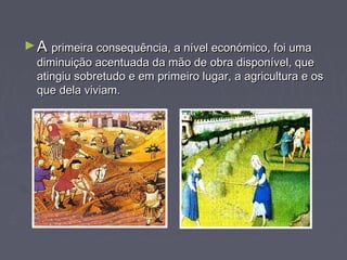 ►AA primeira consequência, a nível económico, foi umaprimeira consequência, a nível económico, foi uma
diminuição acentuada da mão de obra disponível, quediminuição acentuada da mão de obra disponível, que
atingiu sobretudo e em primeiro lugar, a agricultura e osatingiu sobretudo e em primeiro lugar, a agricultura e os
que dela viviam.que dela viviam.
 
