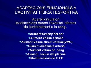 ADAPTACIONS FUNCIONALS A L’ACTIVITAT FÍSICA I ESPORTIVA Aparell circulatori Modificacions durant l’exercici; efectes de l’entrenament a la sang.   Aument tamany del cor Aument Volum sistòlic Aument Volum Minut Cardíac(VMC) Disminució tensió arterial Aument volum de  sang Aument  volum del plasma  Modificacions de la FC 