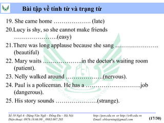 Bài tập về tính từ và trạng từ
19. She came home ………………. (late)
20.Lucy is shy, so she cannot make friends
    ………………….(easy)
21.There was long applause because she sang ………………….
    (beautiful)
22. Mary waits ………………..in the doctor's waiting room
    (patient).
23. Nelly walked around ……………….(nervous).
24. Paul is a policeman. He has a ……………………….job
    (dangerous).
25. His story sounds …………………(strange).

Số 10 Ngõ 4– Đặng Văn Ngữ – Đống Đa – Hà Nội   http://pen.edu.vn or http://e4b.edu.vn
Điện thoại: 0976.18.66.99 _ 0983.007.205       Email: eblearning@gmail.com              (17/30)
 