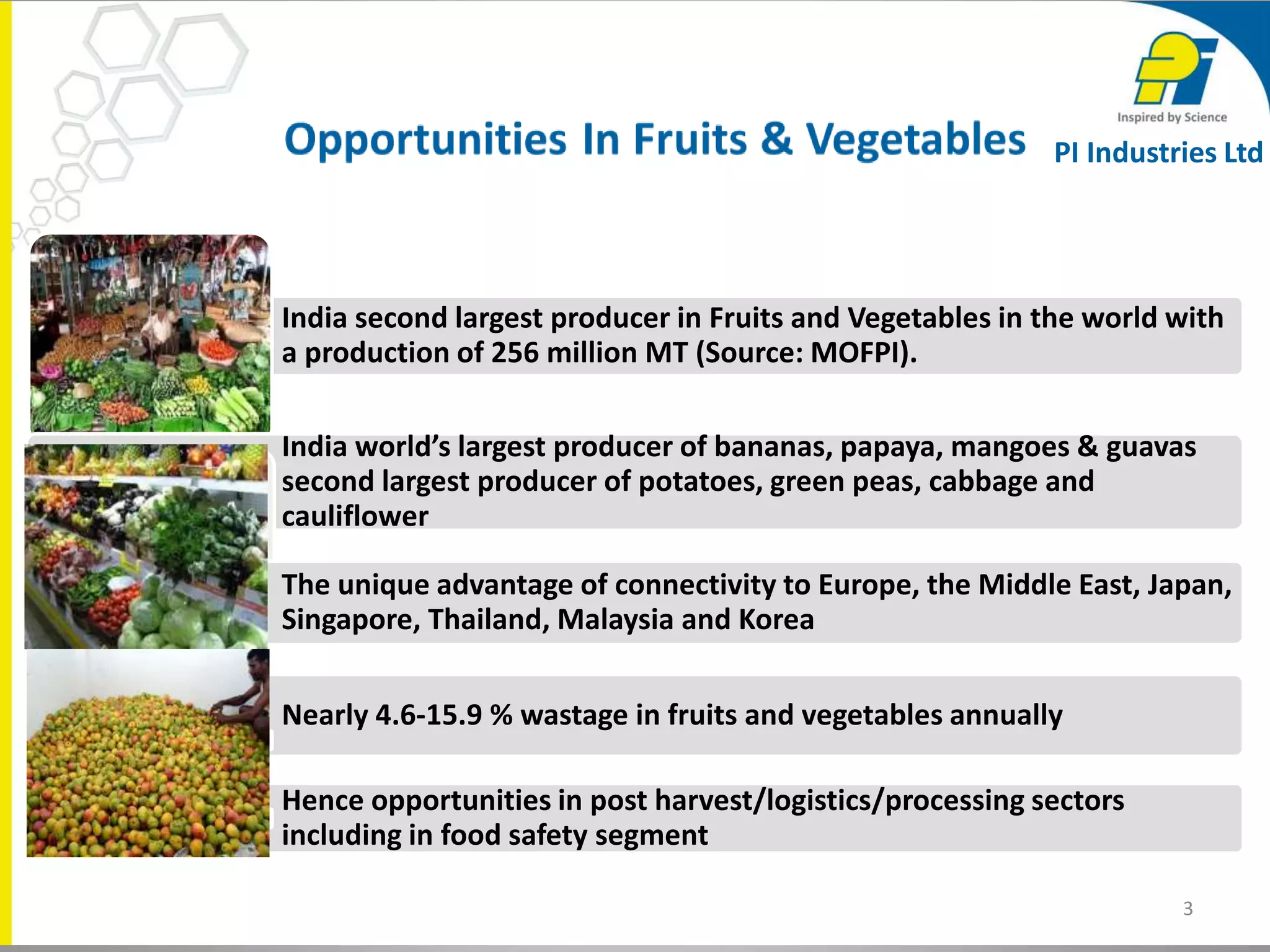 3
India second largest producer in Fruits and Vegetables in the world with
a production of 256 million MT (Source: MOFPI).
India world’s largest producer of bananas, papaya, mangoes & guavas
second largest producer of potatoes, green peas, cabbage and
cauliflower
The unique advantage of connectivity to Europe, the Middle East, Japan,
Singapore, Thailand, Malaysia and Korea
Nearly 4.6-15.9 % wastage in fruits and vegetables annually
Hence opportunities in post harvest/logistics/processing sectors
including in food safety segment
PI Industries Ltd
 