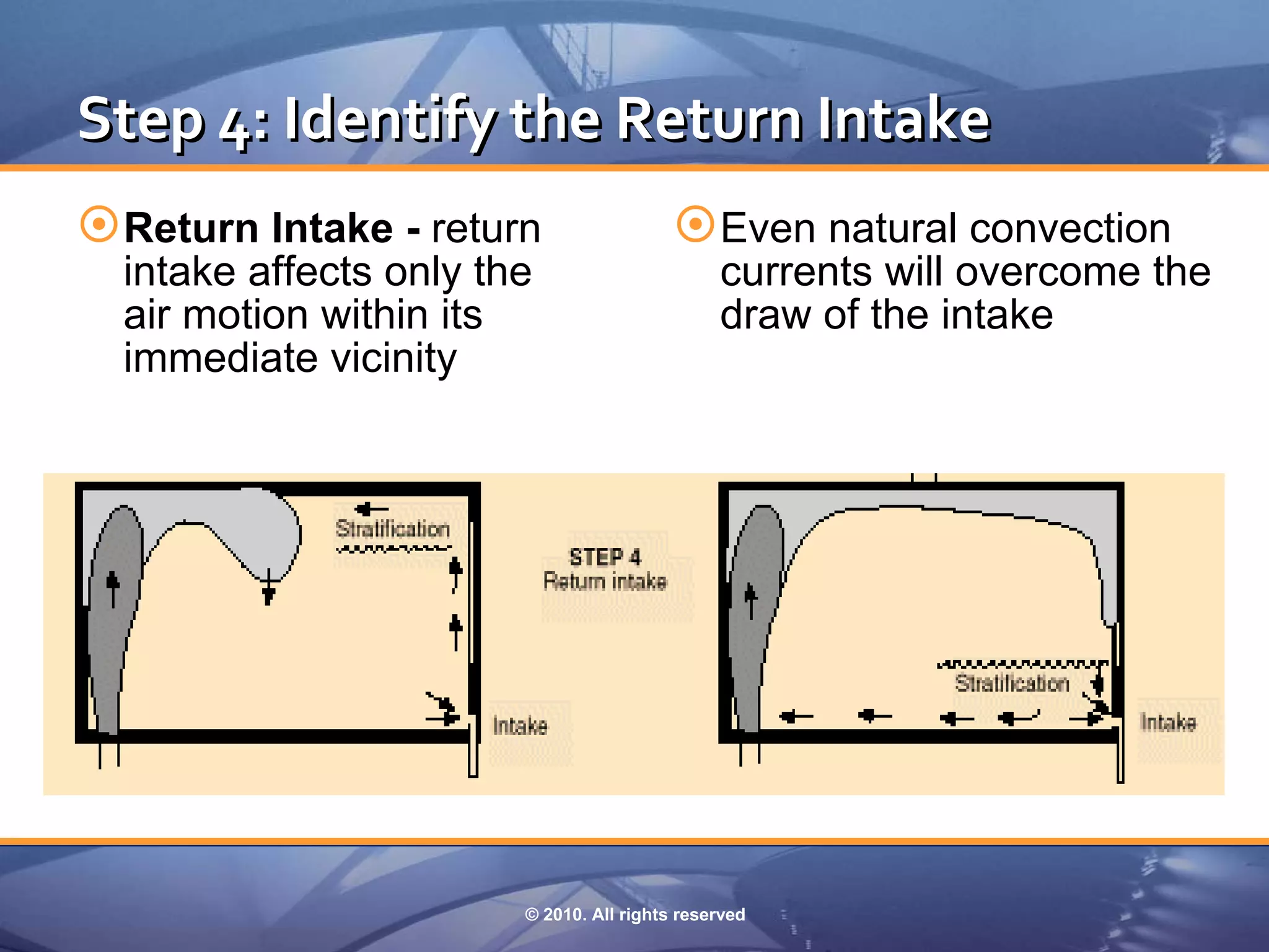 Step 4: Identify the Return Intake
 Return Intake - return                   Even natural convection
  intake affects only the                      currents will overcome the
  air motion within its                        draw of the intake
  immediate vicinity




                        © 2010. All rights reserved
 