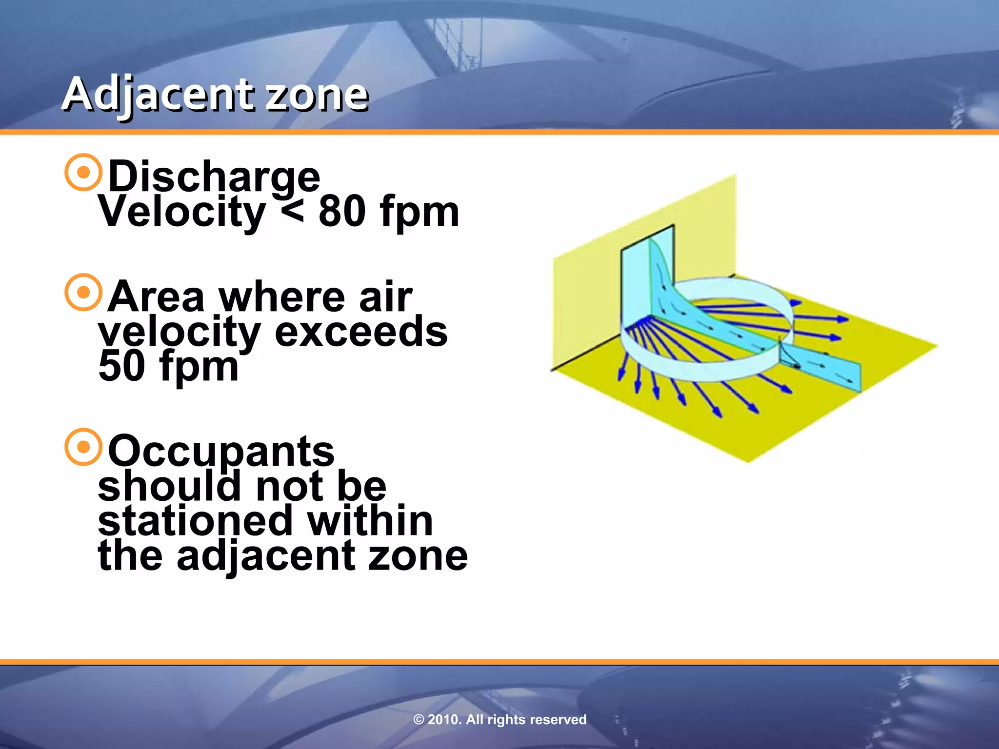 Adjacent zone
Discharge
 Velocity < 80 fpm
Area where air
 velocity exceeds
 50 fpm
Occupants
 should not be
 stationed within
 the adjacent zone


                  © 2010. All rights reserved
 