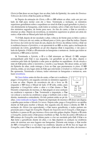 Gloria (o Cer desce ao seu lugar, face ao altar, lado da Epístola). Ao canto do Dominus
Vobiscum da Coleta o Cer fica junto ao Missal.
     6. Depois da entoação do Gloria, o D e o SD sobem ao altar, cada um por um
lado do Cel para recitar com ele o hino. Terminada a recitação, os ministros
superiores genufletem sobre o supedâneo ao sinal do Cer (o qual genuflete in plano), e
vão diretamente às banquetas, onde todos se sentam, salvo o Cer: este ficará à direita
dos ministros sagrados, de frente para nave. Ao fim do canto, o Cer os convida a
retornar ao altar. Depois da reverência, os ministros superiores se põem um atrás do
outro; o Cer sobe ao Missal pelo lado da Epístola.
     7. O Cel, depois de ter osculado o altar, volta-se de frente para os fiéis e canta o
Dominus Vobiscum; ele vai, então, ao Missal para a Coleta, que o Cer lhe indica. Depois
do Oremus da Coleta (se for mais de um, depois do Oremus da última Coleta), o Cer vai
à credência buscar o Epistolário, e vai apresentá-lo ao SD: os dois, após a inclinação da
conclusão da Coleta, genufletem ao pé dos degraus (Cer à esquerda), e vão para o
lado da Epístola. O Cel e o D retornam às banquetas e sentam-se. Assim que todos se
sentarem, o SD canta a Epístola.
      8. Terminada a Epístola, o D e o Cel retornam ao Missal. O SD, sempre
acompanhado pelo Cer à sua esquerda, vai genufletir ao pé do altar, depois o
contorna pelo lado da Epístola e sobe para se ajoelhar no supedâneo. Aí ele oscula a
mão do Cel posta sobre o Epistolário, e recebe a sua benção. Ele desce então, ao lado
da Epístola do altar, onde entrega o livro ao Cer, que permaneceu in plano. O SD
retorna, então, ao seu lugar atrás do Cel, que está lendo o Gradual e o Aleluia que o D
lhe apresenta. Terminada a leitura, todos retornam às banquetas e sentam-se, sem
fazer reverência.
      9. Cinco linhas antes do fim do canto, o Cer vai à credência
                                                                             +
pegar o Evangeliário, em seguida convida os ministros sagrados
a irem ao altar. Depois da reverência ele dá o livro ao D,                  Cel
enquanto o SD troca o Missal de lado. O D sobe, então, para
                                                                          SD D
depositar o Evangeliário sobre o altar e o Cer chama o Tur.               Cer TUR
Durante a imposição do incenso, os Acs pegam os seus castiçais           Ac2 Ac1
na credência e esperam o Tur. Terminada a imposição, o Tur                            Fig. 3

vai colocar a naveta na credência e pega o turíbulo com a mão       Posição para a Procissão
                                                                         do Evangelho
direita, mantendo-o entreaberto. Os três partem então ao pé do
altar, como indicado na figura. Depois da imposição do incenso o D desce um degrau
e ajoelha para recitar o Munda Cor meum. Depois sobe, pega o Evangeliário e se ajoelha
diante do Cel para receber a bênção. Em seguida esta ele desce à direita do SD. À
recitação do Aleluia (ou equivalente), o Cer marca genuflexão, e todos partem em
procissão para o lugar do Evangelho. Depois do Sequentia sancti Evangelii, o Cer pega o
turíbulo e o passa ao D, que incensa o livro com três golpes duplos. Depois o D canta
o Evangelho, assim como o Cer passa o turíbulo ao Tur. Ao fim do canto o D indica ao
SD começo do Evangelho: este último parte e o faz ser osculado pelo Cel. O Cer e os
Acs farão a genuflexão diante do altar, e os Acs depõem os castiçais na credência
antes de retornar aos seus lugares nas banquetas. Durante este tempo, o Cer recebe
do SD o Evangeliário e o vai depor na credência. Quanto ao D ele fica no lugar do
Evangelho, com o Tur à sua direita. Logo que o Cer sair do meio do altar, ele incensa o


                                                                                          5
 