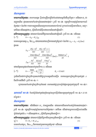 mhaviTüal½ysMNg;sIuvil                                                               viTüasßanCatiBhubec©keTskm<úCa

dMeNaHRsay³
eKalkarN_tMrYtpl³ tamkarGegát FñwmCaeRKOgbgÁúMminkMNt;edaysþaTicdWeRkTImYy. eKnwgyk B y Ca
GBaØatelIs dUcenHeKGackMNt;kmøaMgenHedaypÞal;. rUbTI 10-8b bgðajBIkarGnuvtþéneKalkarN_
tMrYtpl. cMNaMfa karykGBaØatelIsecjTamTareGayykTMrkl; b¤karTb;rbs;FñwmtamTis By ecj.
enATIenH eyIgsnμt;fa B y eFVIGMeBIeTAelIFñwmedaymanTisedAeLIgelI.
smIkarlkçxNÐRtUvKña³ edayykbMlas;TIviC¢manmanTisedAeLIgelI ¬rUbTI 10-8b¦ eyIg)an
(+ ↑)                 0 = −Δ B + B y f BB                                                          (1)

eKGacTTYl)antY Δ B nig f BB edaygayedayeRbItaragenAkñúCMBUk9. cMNaMfa Δ B = ΔC + θC (6m)
dUcenH
                           P(L / 2)3 P(L / 2)2 ⎛ L ⎞
                      ΔB =          +          ⎜ ⎟
                             3EI       2 EI ⎝ 2 ⎠

                            =
                                (50kN )(6m )3 + (50kN )(6m )2 (6m ) = 9000kN .m3 ↓
                                     3EI                     3EI              EI
                                 PL3 1(12m )   576m33
                       f BB =        =       =       ↑
                                 3EI   3EI       EI
edayCMnYslT§plTaMgenHeTAkñúgsmIkar (1) eyIg)an
(+ ↑)                 0=−
                                9000      ⎛ 576 ⎞
                                     + By ⎜     ⎟                     B y = 15.6kN
                                 EI       ⎝ EI ⎠
RbsinebIeKdak;kmøaMgRbtikmμenHeTAelIdüaRkamGgÁesrIrbs;Fñwm eKGacTTYlkmøaMgRbtikmμenARtg; A
BIsmIkarlMnwgbI ¬rUbTI 10-8c¦.
      eRkayeBlkMNt;kmøaMgRbtikmμTaMgGs; eKGacsg;düaRkamm:Um:g;dUcbgðajenAkñúgrUbTI 10-8d.

]TarhN_ 10-2³ kMNt;m:Um:g;enARtg;CBa¢aMgbgáb;sRmab;FñwmEdlbgðajenAkñúgrUbTI 10-9a. EI Ca
témøefr.
dMeNaHRsay³
eKalkarN_tMrYtpl³ eyIgnwgyk M A CaGBaØatelIs edaysareyIgGackMNt;m:Um:g;enHedaypÞal;.
rUbTI 10-8b bgðajBIkarGnuvtþéneKalkarN_tMrYtpl. enATIenH eyIgdklT§PaBrbs;FñwmTb;Tl;nwg
m:Um:g;enARtg;TMr A . eyIgsnμt;fa M A eFVIGMeBIRcasRTnicnaLika.
smIkarlkçxNÐRtUvKña³ edayykmMurgVilviC¢manvilRcasRTnicnaLika ¬rUbTI 10-9b¦ eyIg)an
( +)                  0 = θ A + M Aα AA                                                            (1)
eKGackMNt;tY θ A nig α AA BItaragenAkñúgtaragkñúgCMBUk9. eyIg)an
Analysis of statically indeterminate structures by the force method                           T.Chhay   -343
 