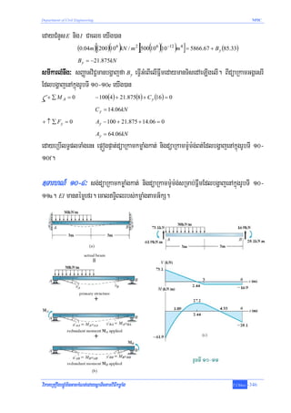 Department of Civil Engineering                                                                    NPIC



edayCMnYs E nig I Caelx eyIg)an
               (0.04m )(200)(106 )kN / m 2 ][500(106 )(10−12 )m 4 ] = 5866.67 + B y (85.33)
                       [
                     B y = −21.875kN

smIkarlMnwg³ sBaØaGviC¢manbgðajfa By eFVIGMeBIelIFñwmedaymanTisedAeLIgelI. BIdüaRkamGgÁesrI
EdlbgðajenAkñúgrUbTI 10-10e eyIg)an
   +∑MA = 0                       − 100(4) + 21.875(8) + C y (16) = 0

                                  C y = 14.06kN

+ ↑ ∑ Fy = 0                      Ay − 100 + 21.875 + 14.06 = 0

                                  Ay = 64.06kN

edayeRbIlT§plTaMgenH epÞógpÞat;düaRkamkmøaMgkat; nigdüaRkamm:Um:g;Bt;EdlbgðajenAkñúgrUbTI 10-
10f.

]TarhN_ 10-4³ sg;düaRkamkmøaMgkat; nigdüaRkamm:Um:g;sRmab;FñwmEdlbgðajenAkñúgrUbTI 10-
11a. EI mantémøefr. ecalT§iBlrbs;kmøaMgtamG½kS.




viPaKeRKOgbgÁúMminGackMNt;edaysþaTictamviFIkmøaMg                                       T.Chhay   -346
 