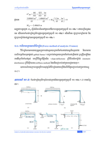 mhaviTüal½ysMNg;sIuvil                                                viTüasßanCatiBhubec©keTskm<úCa
                             ML 1(3) 1m
                      α "BB =     =    =
                             3EI 3EI EI
                      3.888kN .m 2 1.406kN .m 2     ⎛ 1.2m 1m ⎞
dUcenH                    EI
                                  +
                                       EI
                                                + MB⎜
                                                    ⎝ EI
                                                          +    ⎟=0
                                                            EI ⎠

                      M B = −2.406kN .m
sBaØadkbgðajfa M B eFVIGMeBItamTisedApÞúyeTAnwgkarbgðajenAkñúgrUbTI 10-12c. edayeRbIlT§pl
enH eyIgGackMNt;kmøaMgRbtikmμdUcbgðajenAkñúgrUbTI 10-12d. elIsBIenH düaRkamkmøaMgkat; nig
düaRkamm:Um:g;Bt;RtUv)anbgðajenAkñúgrUbTI 10-12e.

!0>%> karviPaKeRKagtamviFIkmøaMg (Force method of analysis: Frames)
        viFIkmøaMgmanPaBgayRsYlkñúgkaredaHRsayeRKagminkMNt;edaysþaTicmYyCan; nigmanrag
FrNImaRtminFmμtadUcCa gabled frames. sRmab;edaHRsayeRKagminkMNt;eRcInCan; b¤eRKOgbgÁúMEdl
mandWeRkminkMNt;x<s; eKeRbIviFIsøÚbDIPøicsin ¬slope-deflection) b¤viFIEbgEckm:Um:g; (moment-
distribution) b¤viFIsÞIveNs (stiffness method) Edlnwgerobrab;enAkñúgemeronxagmux.

        ]TahrN_xageRkambgðajBIkarGnuvtþénviFIkmøaMgedayeRbIdMeNIrviFIdUcerobrab;enAkñúgkfaxNÐ
10-2.



]TarhN_ 10-6³ kMNt;kmøaMgRbtikmμTMrrbs;eRKagEdlbgðajenAkñúgrUbTI 10-13a. EI mantémø
efr.




Analysis of statically indeterminate structures by the force method            T.Chhay   -349
 