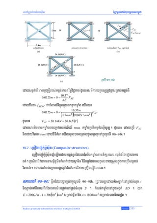 mhaviTüal½ysMNg;sIuvil                                                         viTüasßanCatiBhubec©keTskm<úCa




edaysnμt;brimaNrYjxøIrbs;Ggát;mantémøviC¢man dUcenHsmIkarlkçxNÐRtUvKñasRmab;Ggát;KW
                                            10.37
                      0.0125m = 0 +               FAC
                                             AE
edaydwgfa        f ACAC    CabMlas;TIkñúgmYyÉktþakmøaMg eyIg)an
                                                        10.37 m
                      0.0125m = 0 +
                                            (125mm )(200kN / mm ) F
                                                        2             2   AC


dUcenH         FAC = 30.14kN = 30.1kN (T )

edaysarminmankmøaMgxageRkAmanGMeBIelI truss kmøaMgRbtikmμTMresμIsUnü. dUcenH edayeRbI                    FAC

nigedayviPaK truss edayviFItMN eyIgTTYl)anlT§pldUcbgðajenAkñúgrUbTI 10-16c.

!0>&> eRKOgbgÁúMkMub:UsIut (Composite structures)
        eRKOgbgÁúMkMub:UsIutpSMeLIgedayGgát;xøHEdlrgEtnwgkmøaMgtamG½kS xN³Ggát;déTeTotrgkar
Bt;. RbsinebIvaCarcnasm<½n§minkMNt;edaysþaTic viFIkmøaMgmanlkçN³gayRsYlkñúgkareRbIsRmab;
viPaKva. ]TahrN_xageRkambgðajBIdMeNIrkarviPaKeRKOgbgÁúMEbbenH.

]TarhN_ 10-10³ FñwmEdlbgðajenAkñúgrUbTI 10-17a RtUv)anRTedayTMrsnøak;enARtg;cMNuc A
nigP¢ab;eTAnwgr)arBIrEdlmanTMrsnøak;enARtg;cMNuc B . kMNt;kmøaMgenAkñúgGgát; BD . yk
E = 200GPa / I = 300( 6 )mm 4 sRmab;Fñwm nig A = 1800mm 2 sRmab;r)ardéTeTot .
                        10



Analysis of statically indeterminate structures by the force method                     T.Chhay   -355
 