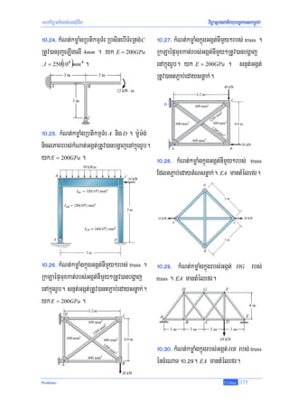 mhaviTüal½ysMNg;sIuvil                                                viTüasßanCatiBhubec©keTskm<úCa

!0>@$> kMNt;kmøaMgRbtikmμTMr RbsinebITMrRtg; C   !0>@&> kMNt;kmøaMgkñúgGgát;nImYy²rbs; truss .
RtUv)anrujeLIgelI 4mm . yk E = 200GPa            RkLaépÞmuxkat;rbs;Ggát;nImYy²RtUv)anbgðaj
/ I = 250(106 )mm4 .                             enAkñúgrUb. yk E = 200GPa . snμt;Ggát;
                                                 RtUv)antP¢ab;edaysnøak;.




!0>@%> kMNt;kmøaMgRbtikmμTMr A nig D . m:Um:g;
niclPaBrbs;kMNat;Ggát;RtUv)anbgðajenAkñúgrUb.
yk E = 200GPa .                                !0>@*> kMNt;kmøaMgkñúgGgát;nImYy²rbs; truss
                                               EdltP¢ab;edaytMNsnøak;. EA mantMélefr.




!0>@^> kMNt;kmøaMgkñúgGgát;nImYy²rbs; truss . !0>@(> kMNt;kmøaMgkñúgrbs;Ggát;         HG        rbs;
RkLaépÞmuxkat;rbs;Ggát;nImYy²RtUv)anbgðaj truss . EA mantMélefr.
enAkñúgrUb. snμt;Ggát;RtUv)antP¢ab;edaysnøak;.
yk E = 200GPa .



                                                 !0>#0> kMNt;kmøaMgkñúgrbs;Ggát; HB rbs; truss
                                                 éncMeNaT !0>@(. EA mantMélefr.
Problems                                                                       T.Chhay   -373
 