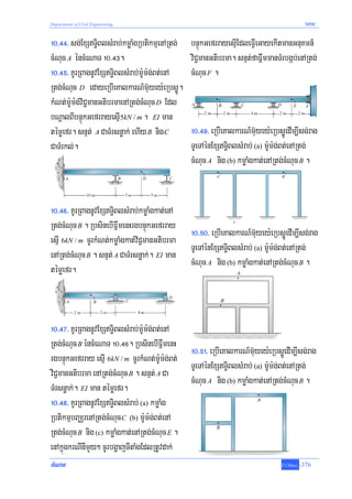 Department of Civil Engineering                                                             NPIC



!0>$$> sg;ExST§iBlsMrab;kmøaMgRbtikmμenARtg;    bnÞúkGefrrayesμIEdleFVIeGayekItmanGnuKmn_
cMNuc A éncMeNaT !0>$#.                          viC¢manGtibrma. snμt;faFñwmmanTMrbgáb;enARtg;
!0>$%> KUrRBagnUvExST§iBlsMrab;m:Um:g;Bt;enA    cMNuc F .
Rtg;cMNuc D edayeRbIeKalkarN_m‘uyey:eRbsøÚ.
kMNt;m:Um:g;viC¢manGtibrmaenARtg;cMNuc D Edl
bNþalBIbnÞúkGefrrayesμI 5kN / m . EI man
témøefr. snμt; A CaTMrsnøak; ehIy B nig C        !0>$(> eRbIeKalkarN_m‘uyey:eRbsøÚedIm,Isg;rag
CaTMrkl;.                                        TUeTAénExST§iBlsMrab; (a) m:Um:g;Bt;enARtg;
                                                 cMNuc A nig (b) kmøaMgkat;enARtg;cMNuc B .


!0>$^> KUrRBagnUvExST§iBlsMrab;kmøaMgkat;enA
Rtg;cMNuc B . RbsinebIFñwmenHrgbnÞúkGefrray
                                                 !0>%0> eRbIeKalkarN_m‘uyey:eRbsøÚedIm,Isg;rag
esμI 6kN / m cUrkMNt;kmøaMgkat;viC¢manGtibrma
                                                 TUeTAénExST§iBlsMrab; (a) m:Um:g;Bt;enARtg;
enARtg;cMNuc B . snμt; A CaTMrsnøak;. EI man
                                                 cMNuc A nig (b) kmøaMgkat;enARtg;cMNuc B .
témøefr.



!0>$&> KUrRBagnUvExST§iBlsMrab;m:Um:g;Bt;enA
Rtg;cMNuc B éncMeNaT !0>$^. RbsinebIFñwmenH
                                                 !0>%!> eRbIeKalkarN_m‘uyey:eRbsøÚedIm,Isg;rag
rgbnÞúkGefrray esμI 6kN / m cUrkMNt;m:Um:g;Bt;
                                                 TUeTAénExST§iBlsMrab; (a) m:Um:g;Bt;enARtg;
viC¢manGtibrma enARtg;cMNuc B . snμt; A Ca
                                                 cMNuc A nig (b) kmøaMgkat;enARtg;cMNuc B .
TMrsnøak;. EI man témøefr.
!0>$*> KUrRBagnUvExST§iBlsMrab; (a) kmøaMg
RbtikmμbBaÄrenARtg;cMNuc C (b) m:Um:g;Bt;enA
Rtg;cMNuc B nig (c) kmøaMgkat;enARtg;cMNuc E .
enAkñúgkrNInImYy² cUrbgðajTItaMgEdlRtUvdak;
cMeNaT                                                                           T.Chhay   -376
 