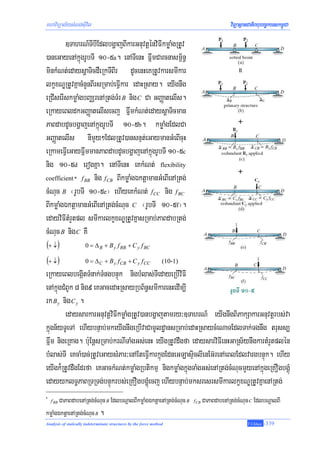mhaviTüal½ysMNg;sIuvil                                                                       viTüasßanCatiBhubec©keTskm<úCa

        ]TahrN_TIbIEdlbgðajBIkarGnuvtþénviFIkmøaMgRtUv
)aneGayenAkñúgrUbTI 10-5a. enATIenH FñwmCarcnasm<½n§
minkMNt;edaysþaTicdWeRkTIBIr dUcenHeKRtUvkarsmIkar
lkçxNÐRtUvKñacMnYnBIrsRmab;eFVIkar edaHRsay. eyIgnwg
eRCIserIskmøaMgbBaÄrenARtg;TMr B nig C Ca GBaØatelIs.
eRkayeBldkGBaØatelIsecj FñwmkMNt;edaysþaTicman
PaBdabdUcbgðajenAkñúgrUbTI 10-5b. kmøaMgEdlCa
GBaØatelIs nImYy²EdlRtUv)ansnμt;eGaymanGMeBIcuH
eRkameFVIeGayFñwmmanPaBdabdUcbgðajenAkñúgrUbTI 10-5c
nig 10-5d erogKña. enATIenH eKkMNt; flexibility
coefficient * f BB nig f CB BIkmøaMgÉktþamanGMeBIenARtg;

cMNuc B ¬rUbTI 10-5e¦ ehIyeKkMNt; fCC nig f BC
BIkmøaMgÉktþamanGMeBIenARtg;cMNuc C ¬rUbTI 10-5f¦.
edayviFItMrYtpl smIkarlkçxNÐRtUvKñasRmab;PaBdabRtg;
cMNuc B nig C KW
(+ ↓)                 0 = Δ B + B y f BB + C y f BC

(+ ↓)                 0 = Δ C + B y f CB + C y f CC               (10-1)

eRkayeBlbegáItTMnak;TMngbnÞúk nigbMlas;TIedayeRbIviFI
enAkñúgCMBUk 8 nig9 eKGacedaHRsayRbB½n§smIkarenHedIm,I
rk B y nig C y .
         edaysarkarGnuvtþviFIkmøaMgRtUv)anbgðajtamry³]TahrN_ eyIgnwgBiPakSakarGnuvtþrbs;va
kñúgn½yTUeTA ehIybnÞab;mkeyIgnwgeRbIvaCamUldæansRmab;edaHRsaycMeNaTEdlTak;Tgnwg truss,
Fñwm nigeRKag. b:uEnþsRmab;krNITaMgGs;enH eyIgRtUvdwgfa edaysarviFIenHGaRs½ynwgkartMrYtplén
bMlas;TI eKcaM)ac;RtUveGaysMPar³enAEteFVIkarkñgEdneGLasÞiclIenEG‘renAeBlEdlvargbnÞúk. ehIy
                                               ú
eyIgk¾RtUvdwgEdrfa eKGackMNt;kmøaMgRbtikmμ nigkmøaMgkñúgTaMgGs;enARtg;cMNucmYyenAkñúgeRKOgbgÁúM
edayyklT§PaBRTRTg;bnÞúkrbs;eRKOgbgÁúMecj ehIybnÞab;mksresrsmIkarlkçxNÐRtUvKñaenARtg;
*
       CaPaBdabenARtg;cMNuc B EdlbNþalBIkmøaMgÉktþaenARtg;cMNuc B
    f BB                                                                   f CB   CaPaBdabenARtg;cMNuc C EdlbNþalBI
kmøaMgÉktþaenARtg;cMNuc B .
Analysis of statically indeterminate structures by the force method                                   T.Chhay   -339
 