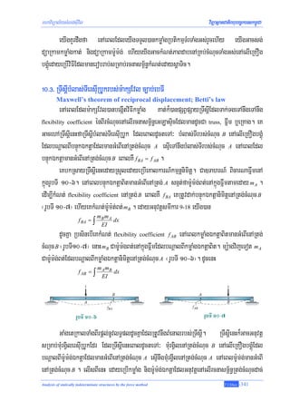 mhaviTüal½ysMNg;sIuvil                                                    viTüasßanCatiBhubec©keTskm<úCa

         eyIgKYrdwgfa enAeBlEdleyIgTTYl)ankmøaMgRbtikmμTMrTaMgGs;rYcehIy eyIgGacsg;
düaRkamkmøaMgkat; nigdüaRkamm:Um:g; ehIyeyIgGackMNt;PaBdabenARKb;cMNucTaMgGs;enAelIeRKOg
bgÁúMedayeRbIviFIEdlmanerobrab;sRmab;rcnasm<½n§kMNt;edaysþaTic.

!0>#> RTwsþIbMlas;TIersIuRbUkrbs;m:akSEvl c,ab;ebFI
         Maxwell’s theorem of reciprocal displacement; Betti’s law
         enAeBlEdlm:akSEvl)anbegáItviFIkmøaMg Kat;k¾)anpSBVpSayRTwsþIEdlTak;TgeTAnwgeTAnwg
flexibility coefficient énBIrcMNucenAelIrcnasm<½n§eGLasÞicEdlmandUcCa truss, Fñwm b¤eRKag. eK

GacehARTwsþIenHfaRTwsþIbMlas;TIersIuRbUk EdleBaldUcteTA³ bMlas;TIrbs;cMNuc B enAelIeRKOgbgÁúM
EdlbNþalBIbnÞúkÉktþaEdlmanGMeBIenARtg;cMNuc A esμIeTAnwgbMlas;TIrbs;cMNuc A enAeBlEdl
bnÞúkÉktþamanGMeBIenARtg;cMNuc B eBalKW f BA = f AB .
         eKbkRsayRTwsþIenHedayRsYledayeRbIeKalkarN_kmμnþnimitþ. Ca]TahrN_ BicarNaFñwmenA
kñúgrUbTI 10-6. enAeBlbnÞúkÉktþaBitmanGMeBIenARtg; A snμt;fam:Um:g;Bt;enAkñúgFñwmtameday m A .
edIm,IkMNt; flexibility coefficient enARtg; B eBalKW f BA eKRtUvdak;bnÞúkÉktþanimitþenARtg;cMNuc B
¬rUbTI 10-7¦ ehIyeKkMNt;m:Um:t;Bt; mB . edayGnuvtþsmIkar 9-18 eyIg)an
                                   mB m A
                       f BA = ∫           dx
                                    EI
         dUcKña RbsinebIeKkMNt; flexibility coefficient f AB enAeBlkmøaMgÉktþaBitmanGMeBIenARtg;
cMNuc B ¬rUbTI10-7¦ enaH mB Cam:Um:gBt;enAkñúgFñwmEdlbNþalBIkmøaMgÉktþaBit. mü:agvijeTot m A
Cam:Um:g;Bt;EdlbNþalBIkmøaMgÉktþanimitþenARtg;cMNuc A ¬rUbTI 10-6¦. dUcenH
                                   m A mB
                       f AB = ∫           dx
                                     EI




       GaMgetRkalTaMgBIrpþl;nUvlT§pldUcKñaEdlRtUvnwgBMenalrbs;RTwsþI. RTwsþIenHk¾GacGnuvtþ
sRmab;mMurgVilersIuRbUkEdr EdlRTwsþIenHeBaldUcteTA³ mMurgVilenARtg;cMNuc B enAelIeRKOgbgÁúMEdl
bNþalBIm:Um:g;ÉktþaEdlmanGMeBIenARtg;cMNuc A esμInwgmMurgVIlenARtg;cMNuc A enAeBlm:Um;g;manGMeBI
enARtg;cMNuc B . elIsBIenH edayeRbIkmøaMg nigm:Um:g;ÉktþaEdlGnuvtþenAelIrcnasm<½n§Rtg;cMNucdac;
Analysis of statically indeterminate structures by the force method                T.Chhay   -341
 