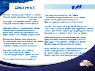 LOGO
Дөрвөн цаг
Өглөө босоход цас орсон байх нь сайхан
Өрхний оосор даялахад тооноор цас унах
сайхан
Гадаа уул толгод гялбалзах нь сайхан
Ганц нэг өвс салхинд сэвэгнэх сайхан
Үдэш орой айлын гэрэл харагдах сайхан
Үрээ морины хөл хөнгөрөх сайхан
Хонох айлд үеийн бүсгүй байх сайхан
Хоточ нохой сарны гэрэлд хуцах сайхан
Тооноор цас будран орох нь сайхан
Тогооны таган дээр унаад хайлах нь сайхан
Гэрийн хойморт аав суух сайхан
Гэрэлтэй үүдээр ээж орж ирэх сайхан
Хөтлийн оройд нар тусах сайхан
Хөсөг тэрэг гарч ирэх сайхан
Тэрэгний дугуй чахран чухран эргэх нь
сайхан
Тэргэн дороос шувуу нисэх сайхан
Тэнгэр будангуйрч судайх нь сайхан
Тэртээ холын юм үзэгдэх үгүйтэй нь сайхан
Салхи эргэж, утаа хуйрагнах сайхан
Цас эргэлдэн эргэлдэн малгайлах сайхан
Зуухны галд нозоорон нойр хүрэх нь сайхан
Зуны орой согтуу гэж тэрхэн зуур зүүрмэглэх сайхан
Хээ-н... Цай уу? гэх бүдэг бадаг үг дуулдах нь сайхан
Хэн гуай нь эгч гараас зөөлөн татах нь сайхан
Цайдам хоолой цайвалзаж цанхиртах сайхан
Цаад уулс гялс гялсхийн харагдах нь сайхан
Цас шуурч тогтоод гялбас гялбасхийх сайхан
Цагаан өдөр мэлтэс мэлтэсхийх сайхан
Одод тодрох нь сарны ойролцоо илүү сайхан
Онгон талд адуу минь байх шиг сайхан
Он цагийн гурьан марал бодол зөгнөх сайхан
Ондоо гарагийн хөлөг ирж явах шиг сайхан
 