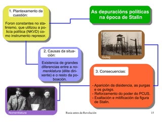 As depuracións políticas  na época de Stalin Foron constantes no sta- linismo, que utilizou a po- licía política (NKVD) co- mo instrumento represor. 1. Plantexamento da cuestión: 2. Causas da situa- ción: Existencia de grandes diferencias entre a  no- menklatura  (élite diri- xente) e o resto da po- boación. 3. Consecuencias: - Aparición da disidencia, as purgas e os  gulags . - Reforzamento do poder do PCUS. - Exaltación e mitificación da figura de Stalin. Gulag Nomenklatura 