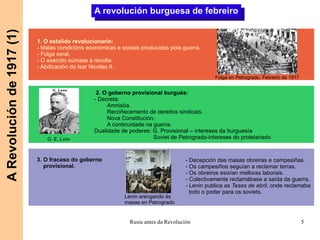 A Revolución de 1917 (1) A revolución burguesa de febreiro 1. O estalido revolucionario: - Malas condicións económicas e sociais producidas pola guerra. - Folga xeral. - O exercito súmase á revolta. - Abdicación do tsar Nicolao II. Folga en Petrogrado. Febreiro de 1917 2. O goberno provisional burgués: - Decreta: Amnistía. Recoñecemento de dereitos sindicais. Nova Constitución. A continuidade na guerra. Dualidade de poderes: G. Provisional – intereses da burguesía Soviet de Petrogrado-intereses do proletariado G. E. Lvov Lenin arengando ás masas en Petrogrado 3. O fracaso do goberno provisional. - Decepción das masas obreiras e campesiñas. - Os campesiños seguían a reclamar terras. - Os obreiros esixían melloras laborais. - Colectivamente reclamábase a saída da guerra. - Lenin publica as  Teses de abril , onde reclamaba todo o poder para os soviets. 