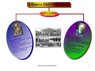 A Guerra Civil (1918-1921) Supón o enfrontamento entre Pyotr N. Wrangel Exercito Branco: -  Defende os  intereses  burgue  ses e zaristas. - Recibe apoio exterior. - Practicou o bloqueo económi co a Rusia. - Estivo comandado polo xene ral Pyotr N. Wrangel. León Trostki Exercito Vermello: -  Defende a revolución comunista. - Foi unha formación militar moi eficaz. - Gañou o apoio masivo do campesiñado. - Obtivo grandes éxitos mi litares fronte ao inimigo. - Estivo comandado por L. Trostki. 