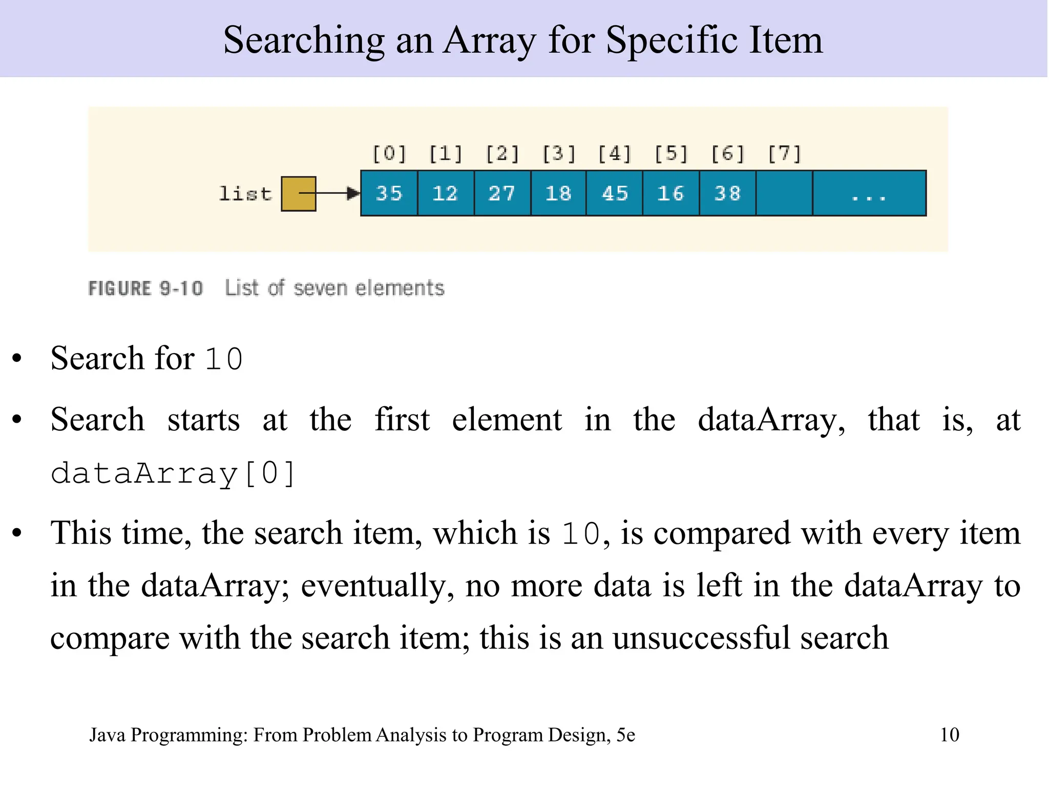 Java Programming: From Problem Analysis to Program Design, 5e 10
• Search for 10
• Search starts at the first element in the dataArray, that is, at
dataArray[0]
• This time, the search item, which is 10, is compared with every item
in the dataArray; eventually, no more data is left in the dataArray to
compare with the search item; this is an unsuccessful search
Searching an Array for Specific Item
 