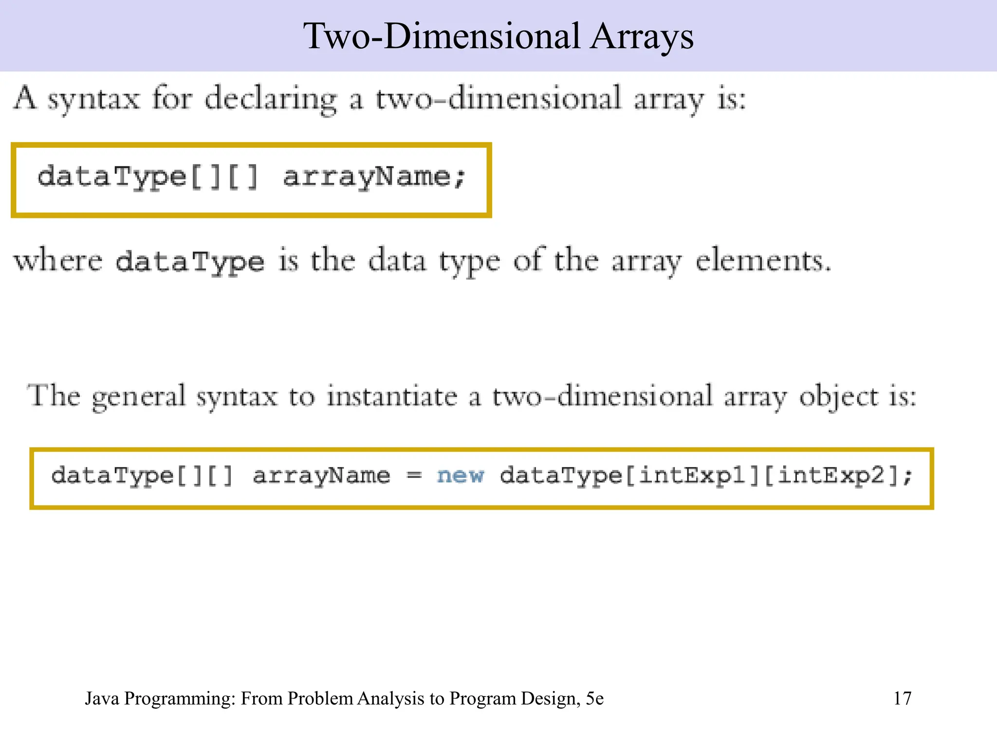 Java Programming: From Problem Analysis to Program Design, 5e 17
Two-Dimensional Arrays
 