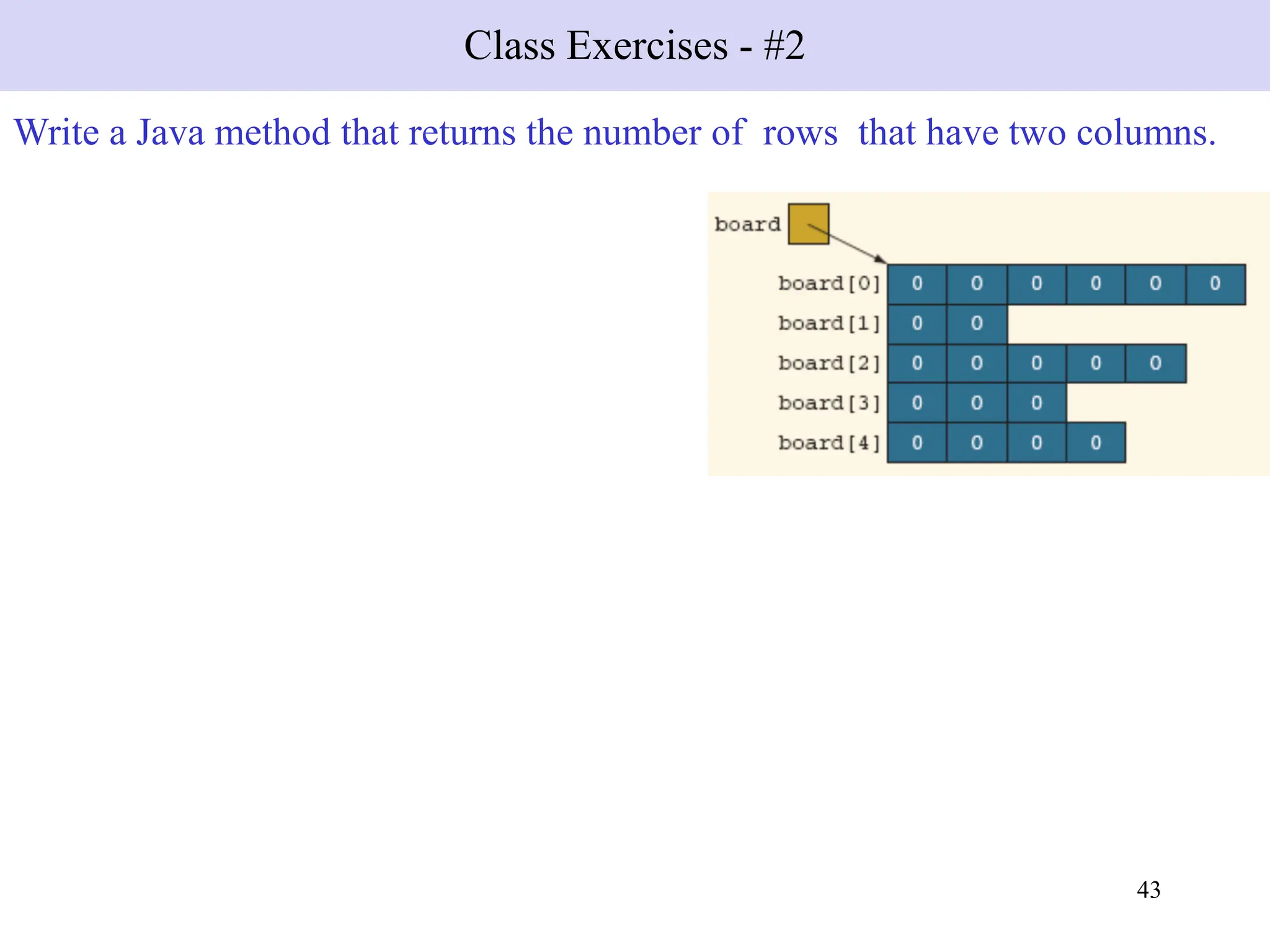 43
Class Exercises - #2
Write a Java method that returns the number of rows that have two columns.
 