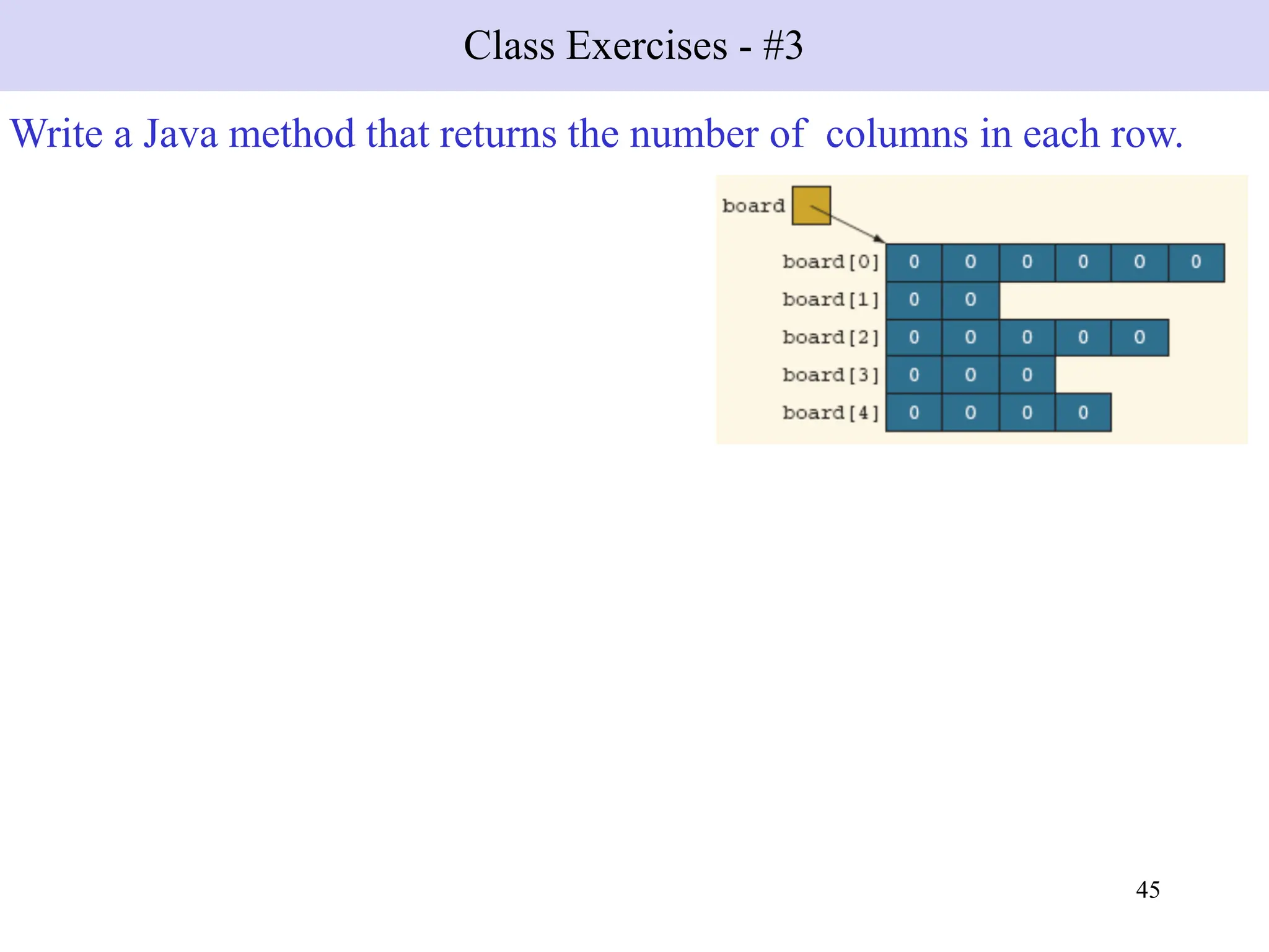 45
Class Exercises - #3
Write a Java method that returns the number of columns in each row.
 
