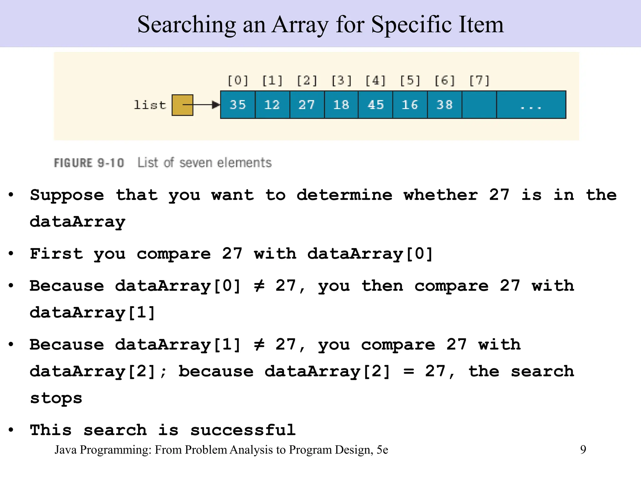 Java Programming: From Problem Analysis to Program Design, 5e 9
• Suppose that you want to determine whether 27 is in the
dataArray
• First you compare 27 with dataArray[0]
• Because dataArray[0] ≠ 27, you then compare 27 with
dataArray[1]
• Because dataArray[1] ≠ 27, you compare 27 with
dataArray[2]; because dataArray[2] = 27, the search
stops
• This search is successful
Searching an Array for Specific Item
 