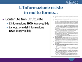 Contenuto Non Strutturato L’informazione  NON  è prevedibile La locazione dell’informazione  NON  è prevedibile L ’ Informazione esiste in molte forme… 