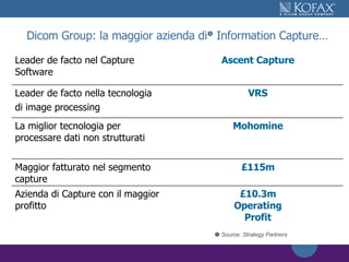 Dicom Group: la maggior azienda di   Information Capture…    Source: Strategy Partners Ascent Capture Leader de facto nel Capture Software Mohomine La miglior tecnologia per processare dati non strutturati VRS Leader de facto nella tecnologia  di image processing £ 10.3m Operating Profit Azienda di Capture con il maggior profitto £ 115m Maggior fatturato nel segmento capture 
