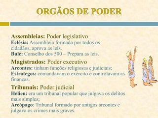 Assembleias: Poder legislativo
Eclésia: Assembleia formada por todos os
cidadãos, aprova as leis.
Bulé: Conselho dos 500 – Prepara as leis.
Magistrados: Poder executivo
Arcontes: tinham funções religiosas e judiciais;
Estrategos: comandavam o exército e controlavam as
finanças.
Tribunais: Poder judicial
Helieu: era um tribunal popular que julgava os delitos
mais simples;
Areópago: Tribunal formado por antigos arcontes e
julgava os crimes mais graves.
 