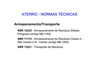 ATERRO - NORMAS TÉCNICAS
Armazenamento/Transporte
NBR 12235 - Armazenamento de Resíduos Sólidos
Perigosos (antiga NB-1183)
NBR 11174 - Armazenamento de Resíduos Classe II -
Não Inertes e III - Inertes (antiga NB-1264)
NBR 13221 - Transporte de Resíduos
 