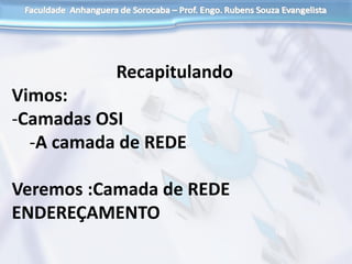 Recapitulando
Vimos:
-Camadas OSI
-A camada de REDE
Veremos :Camada de REDE
ENDEREÇAMENTO
 