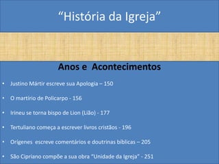 “História da Igreja”


                      Anos e Acontecimentos
• Justino Mártir escreve sua Apologia – 150

• O martírio de Policarpo - 156

• Irineu se torna bispo de Lion (Lião) - 177

• Tertuliano começa a escrever livros cristãos - 196

• Orígenes escreve comentários e doutrinas bíblicas – 205

• São Cipriano compõe a sua obra “Unidade da Igreja” - 251
 