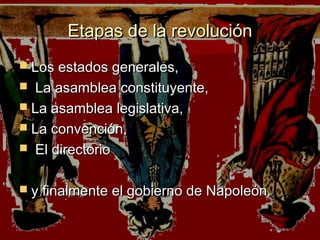 Etapas de la revolución
 Los estados generales,
 La asamblea constituyente,
 La asamblea legislativa,
 La convención,
 El directorio


 y finalmente el gobierno de Napoleón.
 