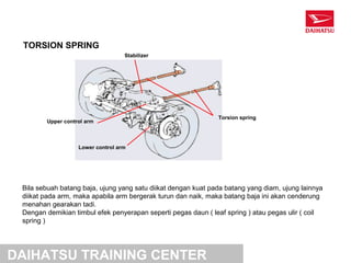 TORSION SPRING
                                   Stabilizer




                                                               Torsion spring
        Upper control arm



                   Lower control arm




 Bila sebuah batang baja, ujung yang satu diikat dengan kuat pada batang yang diam, ujung lainnya
 diikat pada arm, maka apabila arm bergerak turun dan naik, maka batang baja ini akan cenderung
 menahan gearakan tadi.
 Dengan demikian timbul efek penyerapan seperti pegas daun ( leaf spring ) atau pegas ulir ( coil
 spring )




DAIHATSU TRAINING CENTER
 