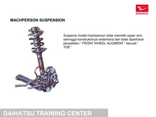 MACHPERSON SUSPENSION


                     Suspensi model machperson tidak memiliki upper arm,
                     sehingga konstruksinya sederhana dan tidak diperlukan
                     penyetelan “ FRONT WHEEL ALIGMENT “ kecuali “
                     TOE “




DAIHATSU TRAINING CENTER
 
