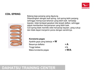 COIL SPRING
               Batang baja panjang yang digulung .
               Dibandingkan dengan leaf spring, coil spring lebih panjang
               sehingga mempunyai tahanan yang lebih baik terhadap
               kejutan, tidak terdapat gesekan bila terjadi deflexi, sehingga
               dapat memberikan kenyamanan yang lebih baik.
               Coil spring tidak memiliki sifat menyerap kejutan, yang cukup
               dan tidak dapat menjamin poros dengan sendirinya.



                 Konstanta pegas
                 Apabila gaya yang bekerja = W
                 Besarnya defleksi                         =A
                 Tinggi bebas                              =L
                 Maka konstanta pegas                      = W/A




DAIHATSU TRAINING CENTER
 