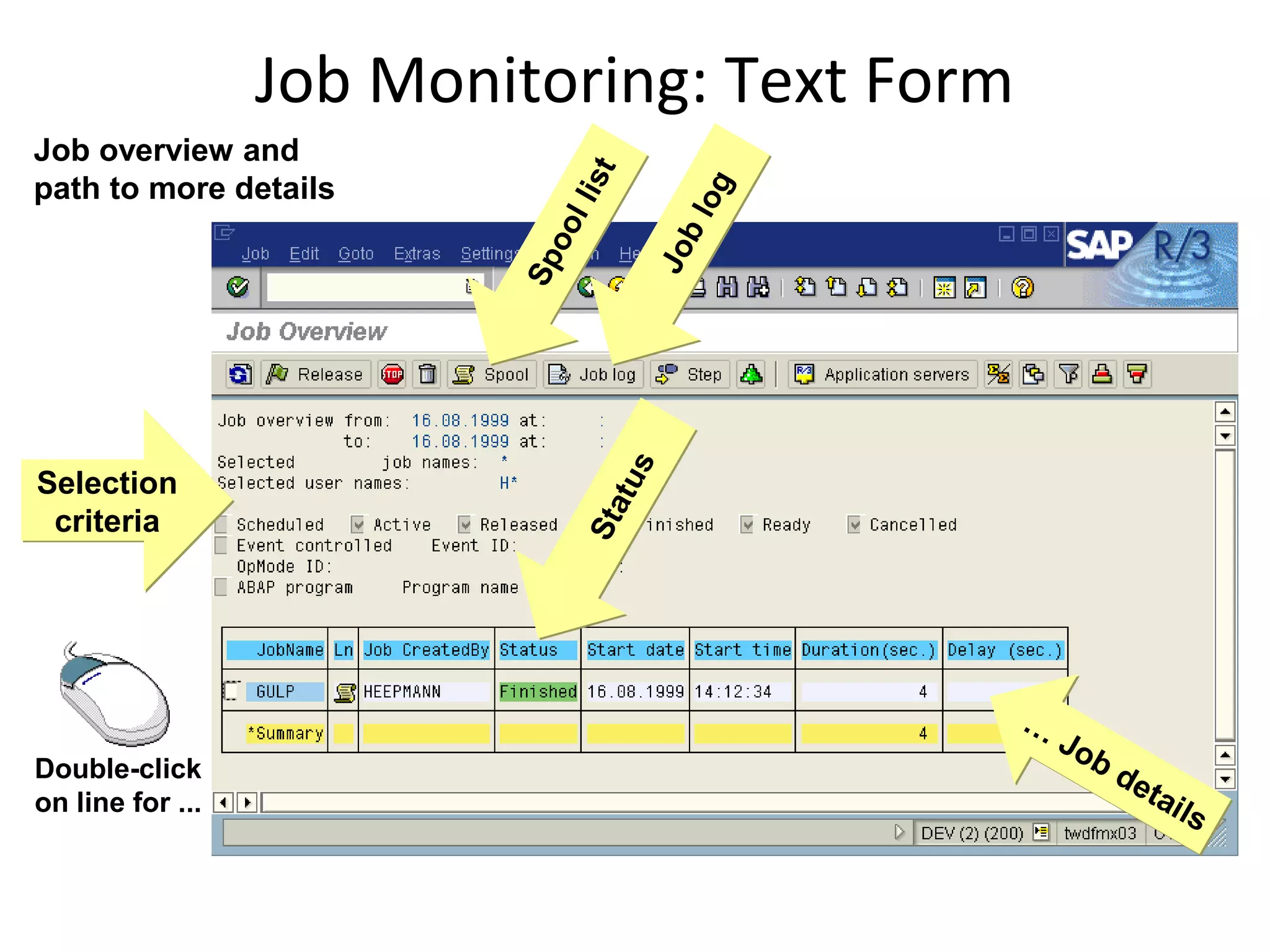 Job Monitoring: Text Form
Job overview and




                                 t
path to more details




                              lis


                                          og
                                        bl
                                l
                             oo


                                      Jo
                          Sp

                                    us
Selection



                                  t
                               Sta
 criteria




                                               …
                                                   Jo
Double-click                                          b   de
on line for ...                                              tai
                                                                 ls
 