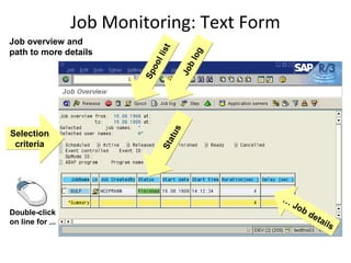 Job Monitoring: Text Form
Job overview and




                                 t
path to more details




                              lis


                                          og
                                        bl
                                l
                             oo


                                      Jo
                          Sp

                                    us
Selection



                                  t
                               Sta
 criteria




                                               …
                                                   Jo
Double-click                                          b   de
on line for ...                                              tai
                                                                 ls
 
