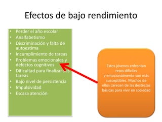 Efectos de bajo rendimiento
• Perder el año escolar
• Analfabetismo
• Discriminación y falta de
autoestima
• Incumplimiento de tareas
• Problemas emocionales y
defectos cognitivos
• Dificultad para finalizar sus
tareas
• Bajo nivel de persistencia
• Impulsividad
• Escasa atención
Estos jóvenes enfrentan
retos difíciles
y emocionalmente son más
susceptibles. Muchos de
ellos carecen de las destrezas
básicas para vivir en sociedad
 