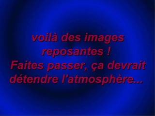 voilà des images reposantes ! Faites passer, ça devrait détendre l'atmosphère...