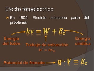 Efecto fotoeléctrico
   En 1905,    Einstein   soluciona   parte   del
    problema:
 