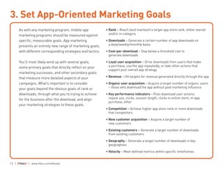 13 | | www.fiksu.com/ebooks
As with any marketing program, mobile app
marketing programs should be measured against
specific, measurable goals. App marketing
presents an entirely new range of marketing goals,
with different corresponding strategies and tactics.
You’ll most likely wind up with several goals,
some primary goals that directly reflect on your
marketing successes, and other secondary goals
that measure more detailed aspects of your
campaigns. What’s important is to consider
your goals beyond the obvious goals of rank or
downloads, through what you’re trying to achieve
for the business after the download, and align
your marketing strategies to these goals.
• Rank – Reach (and maintain) a target app store rank, either overall
and/or in-category
• Downloads – Generate a certain number of app downloads on
a daily/weekly/monthly basis
• Cost-per-download – Stay below a threshold cost to
generate downloads
• Loyal user acquisition – Drive downloads from users that make
a purchase, use the app repeatedly, or take other actions that
support your overall app strategy
• Revenue – Hit targets for revenue generated directly through the app
• Organic user acquisition – Acquire a target number of organic users
– those who download the app without paid marketing influence
• Key performance indicators – Post-download user actions:
repeat use, clicks, session length, clicks to online store, in-app
purchase, other
• Competition – Achieve higher app store rank or more downloads
that competitors
• New customer acquisition – Acquire a target number of
new customers
• Existing customers – Generate a target number of downloads
from existing customers
• Geography – Generate a target number of downloads in key
geographies
• Velocity – Meet defined metrics within specific timeframes
3. Set App-Oriented Marketing Goals
 