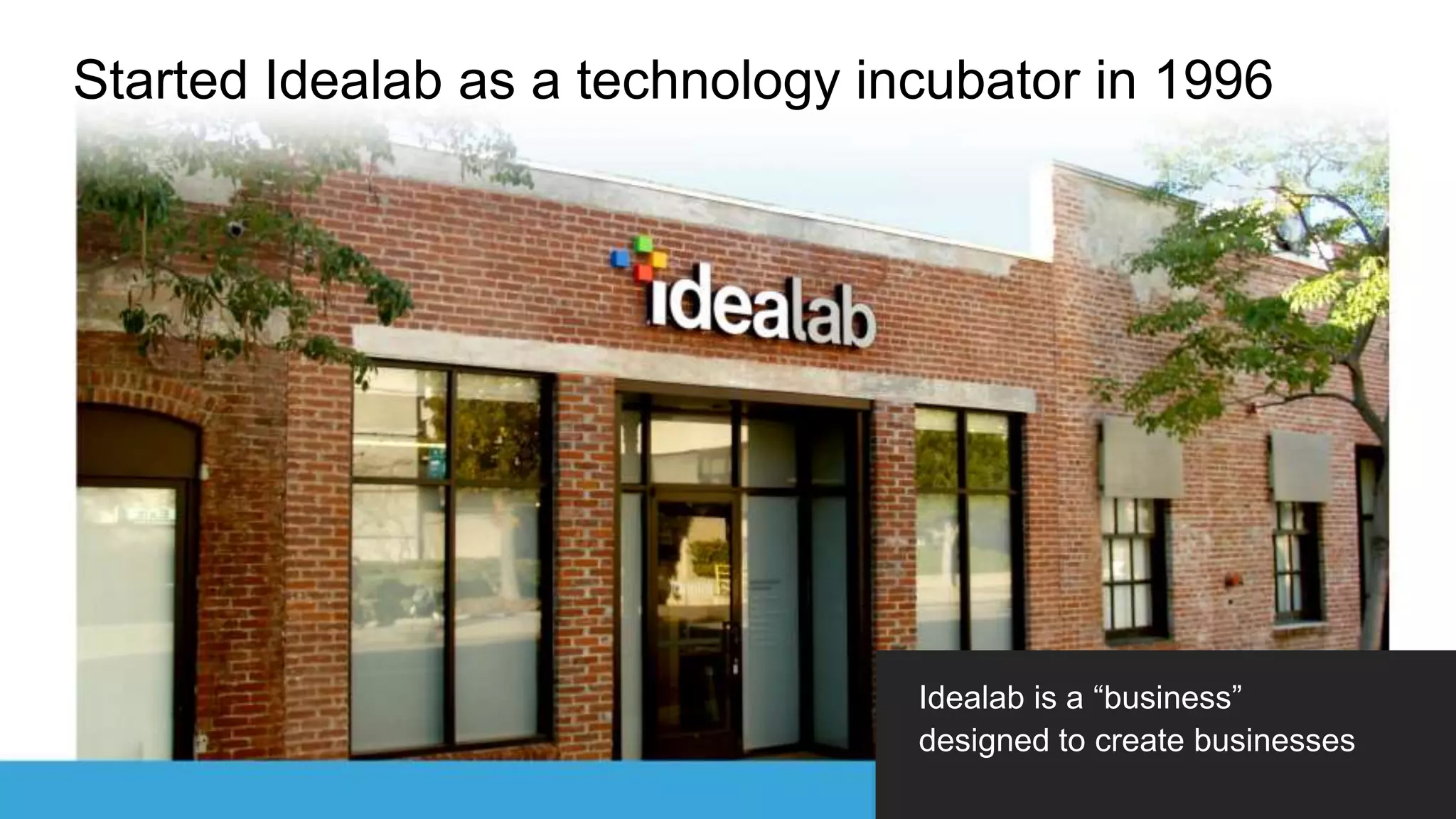 Started Idealab as a technology incubator in 1996
Idealab is a “business”
designed to create businesses