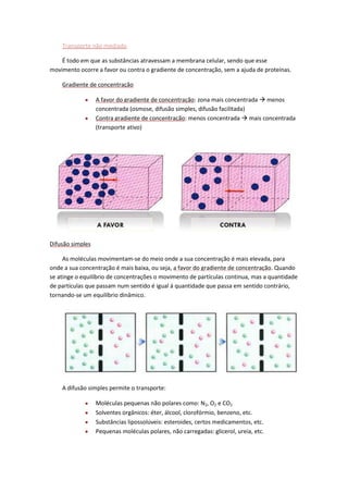 Transporte não mediado
É todo em que as substâncias atravessam a membrana celular, sendo que esse
movimento ocorre a favor ou contra o gradiente de concentração, sem a ajuda de proteínas.
Gradiente de concentração
A favor do gradiente de concentração: zona mais concentrada  menos
concentrada (osmose, difusão simples, difusão facilitada)
Contra gradiente de concentração: menos concentrada  mais concentrada
(transporte ativo)

Difusão simples
As moléculas movimentam-se do meio onde a sua concentração é mais elevada, para
onde a sua concentração é mais baixa, ou seja, a favor do gradiente de concentração. Quando
se atinge o equilíbrio de concentrações o movimento de partículas continua, mas a quantidade
de partículas que passam num sentido é igual á quantidade que passa em sentido contrário,
tornando-se um equilíbrio dinâmico.

A difusão simples permite o transporte:
Moléculas pequenas não polares como: N2, O2 e CO2
Solventes orgânicos: éter, álcool, clorofórmio, benzeno, etc.
Substâncias lipossolúveis: esteroides, certos medicamentos, etc.
Pequenas moléculas polares, não carregadas: glicerol, ureia, etc.

 