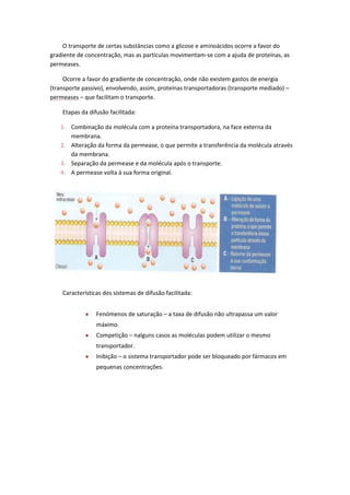 O transporte de certas substâncias como a glicose e aminoácidos ocorre a favor do
gradiente de concentração, mas as partículas movimentam-se com a ajuda de proteínas, as
permeases.
Ocorre a favor do gradiente de concentração, onde não existem gastos de energia
(transporte passivo), envolvendo, assim, proteínas transportadoras (transporte mediado) –
permeases – que facilitam o transporte.
Etapas da difusão facilitada:
1. Combinação da molécula com a proteína transportadora, na face externa da
membrana.
2. Alteração da forma da permease, o que permite a transferência da molécula através
da membrana.
3. Separação da permease e da molécula após o transporte.
4. A permease volta à sua forma original.

Características dos sistemas de difusão facilitada:
Fenómenos de saturação – a taxa de difusão não ultrapassa um valor
máximo.
Competição – nalguns casos as moléculas podem utilizar o mesmo
transportador.
Inibição – o sistema transportador pode ser bloqueado por fármacos em
pequenas concentrações.

 