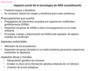 Aplicaciones

                Impacto social de la tecnología de ADN recombinante
•       Presenta riesgos y beneficios
•       Es necesario valorar los riesgos y beneficios para evitar problemas

Preocupaciones que suscita
•       Propagación de infecciones causadas por organismos modificados
        genéticamente (OGMs)
•       Dispersión de genes de OGMs a otros microorganismos en el medio
        ambiente
•       El empleo, manejo y diseminación de OGMs está regulado. Se aplican
        medidas de contención

Aspectos ambientales
•       Alteración de los ecosistemas
•       Dispersión de genes clonados en el medio ambiente generando organismos
        resistentes no deseados
Aspectos éticos y morales
    •     Manipulación genética de humanos
    •     Empleo no ético de la información genética obtenida de un individuo
    •     Creación de armas biológicas
 