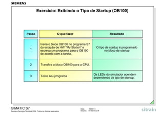 Exercício: Exibindo o Tipo de Startup (OB100)

Passo

O que fazer

Resultado

1

Insira o bloco OB100 no programa S7
da estação de HW "My Station" e
escreva um programa para o OB100
de acordo com a tarefa.

O tipo de startup é programado
no bloco de startup

2

Transfira o bloco OB100 para a CPU.

3

Teste seu programa

SIMATIC S7
Siemens Serviços Técnicos 2004. Todos os direitos reservados.

Os LEDs do simulador acendem
dependendo do tipo de startup.

Data:
Arquivo:

09/03/14
S7-Service.14

 