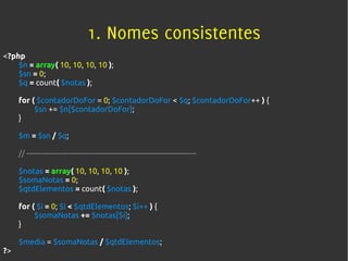 1. Nomes consistentes
<?php
    $n = array( 10, 10, 10, 10 );
    $sn = 0;
    $q = count( $notas );

     for ( $contadorDoFor = 0; $contadorDoFor < $q; $contadorDoFor++ ) {
          $sn += $n[$contadorDoFor];
     }

     $m = $sn / $q;

     // ------------------------------------------------------------------------

     $notas = array( 10, 10, 10, 10 );
     $somaNotas = 0;
     $qtdElementos = count( $notas );

     for ( $i = 0; $i < $qtdElementos; $i++ ) {
          $somaNotas += $notas[$i];
     }

     $media = $somaNotas / $qtdElementos;
?>
 