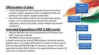 MHRD
(Ministry of Human
Resource &
Development)
5 zonal
committees
Inspecting
Infrastructure
Inspecting
Academicians
Faculty
Training Panel
Effectuation of plan:
• Faculty training panel will incorporate the personnel from
research sectors, corporate world, management field and
professors from world’s reputed universities.
• The zonal committees comprise of members from various
scopes, such as retired judicial, fellows from research
institutions, retired army chiefs, heads of NGOs and head of
institutions.
Intended Expenditure (INR 3,500 crore):
• Allocate INR 500 crore for the development of infrastructure
(INR 5 crore per institute).
• INR 3000 crore for faculty payment .
A typical university has around 7000 students. At present teacher-
student ratio is 1:15 (about 470 faculty). To make it 1:10 we require
230 more faculty(700-470=230). An attractive pay for the newly
appointed faculty is INR 12 lakh p.a. So approximately we require 30
crore for one institute’s faculties.
 